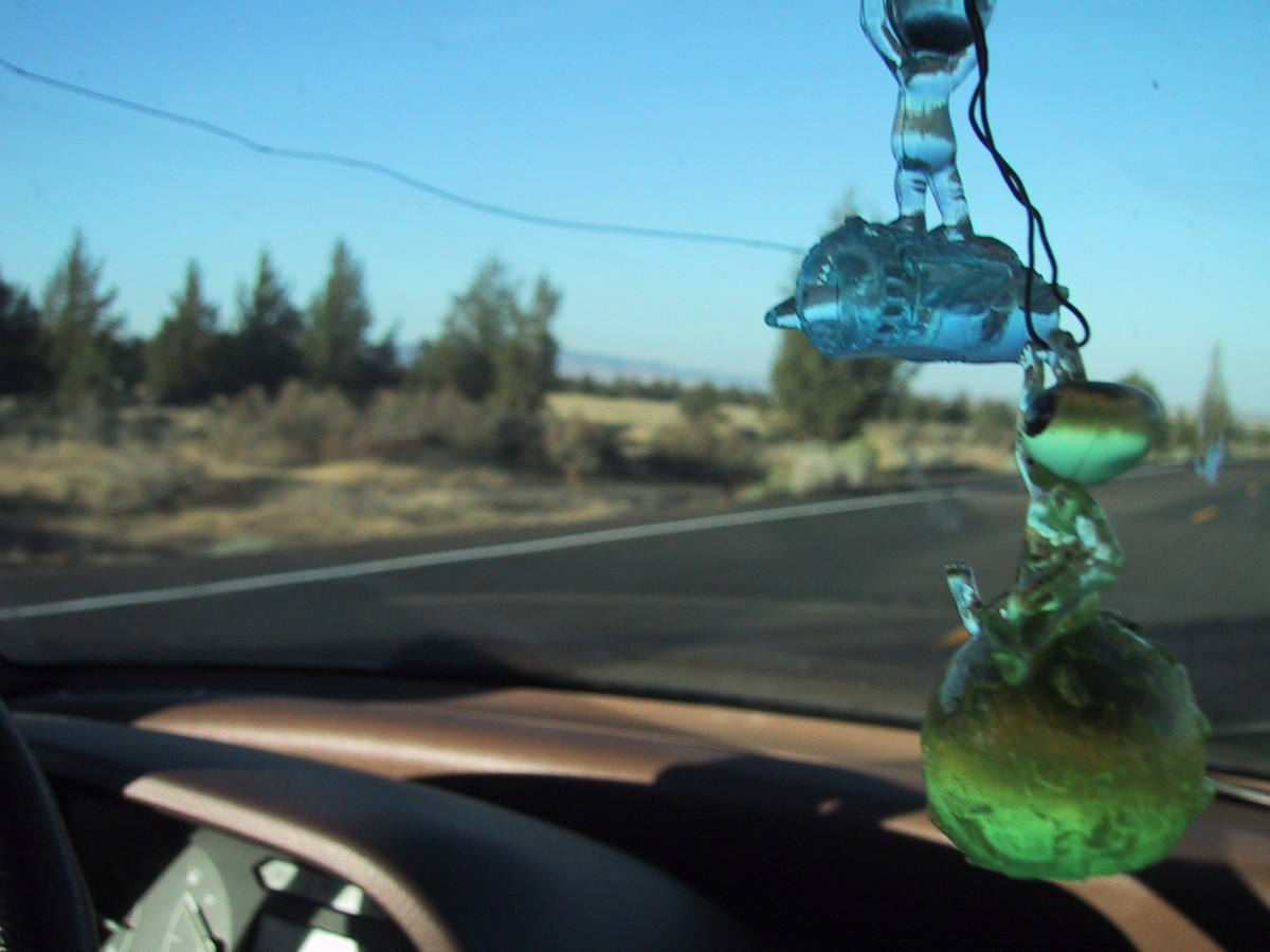 Closeup of two plastic alien toys hanging from a rearview mirror; out of focus in the background is the scrubland of eastern Oregon