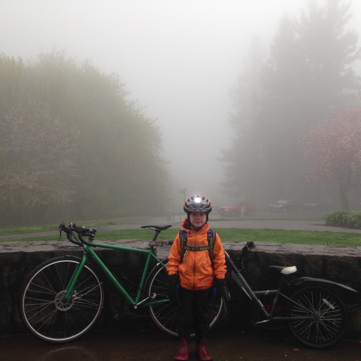 Kindergartner in bright orange rain gear standing next to an adult size bicycle with a tagalong bike. Misty/rainy. Taken at Council Crest Park