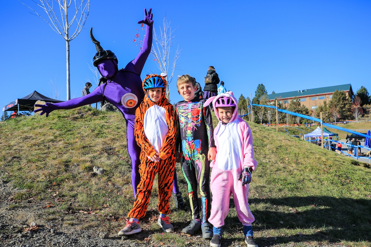 Deschutes brewery Halloween race 2017: me as a purple people eater, Iris as a tiger, Orion as an exposed-organs-thing, Ada as a bunny