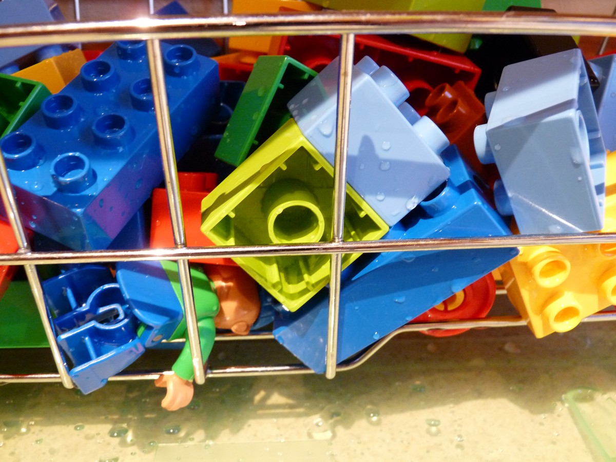 Closeup of Lego Duplo blocks in a dish drainer