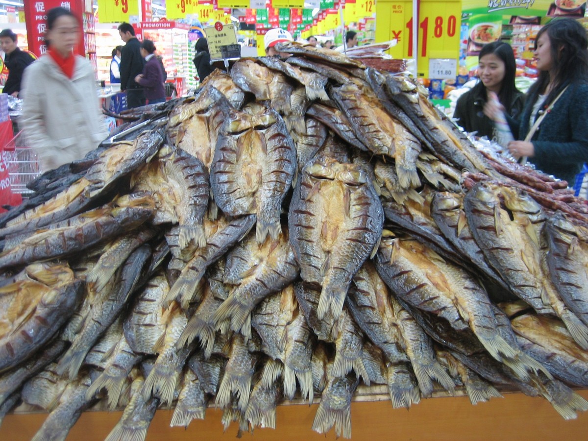 Pile of dried fish at Carrefour in Xiamen China
