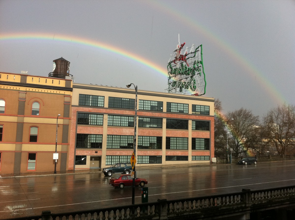 Rainbow behind the White Stag building