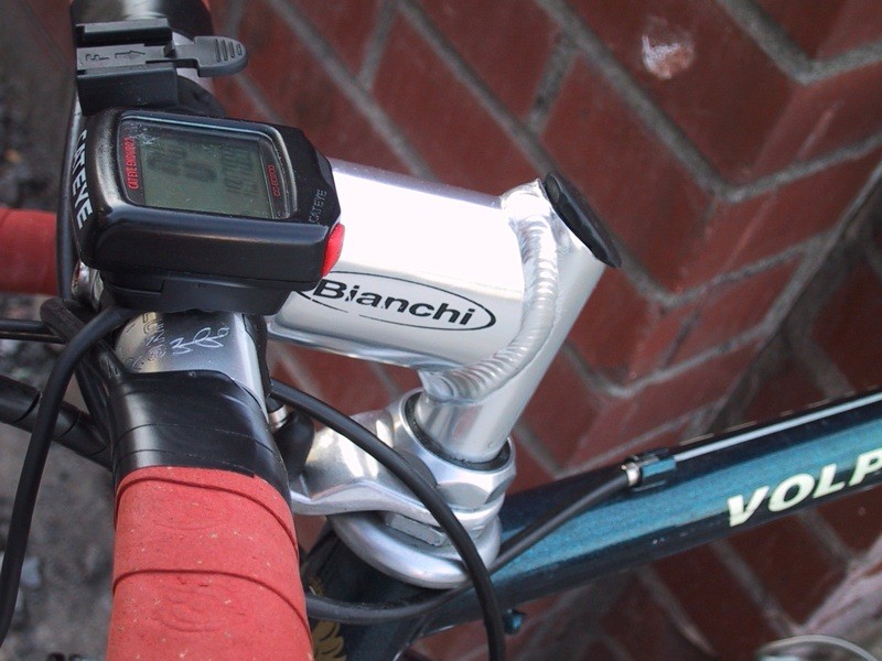 Closeup of the stem and computer on a Bianchi bicycle