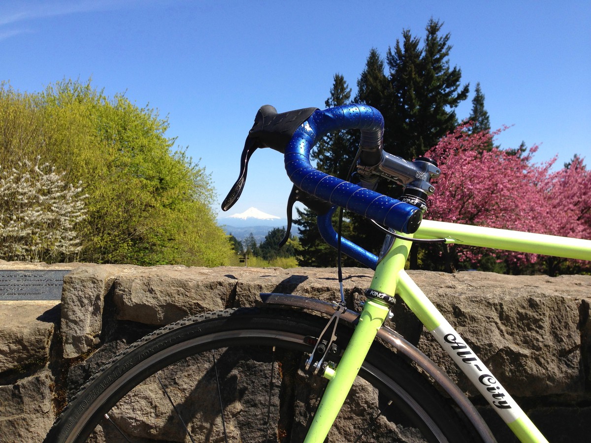 Low perspective shot past a green “All City” bicycle from Council Crest Park toward Mt. Hood, which is visible. Clear sky. A cherry tree in the middle distance is in bloom