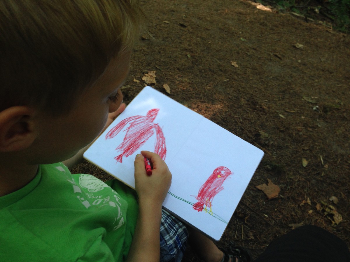 View from over the right shoulder of a young school-age child drawing two bright red birds in a journal