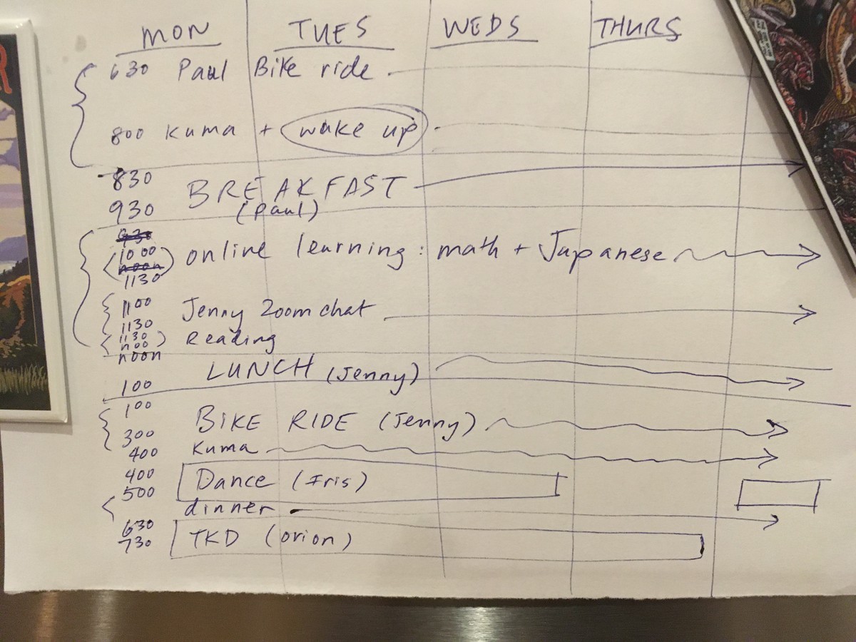 Handwritten schedule of our many activities during the week. Every day but Friday is busy from 6:30am to 7:30pm