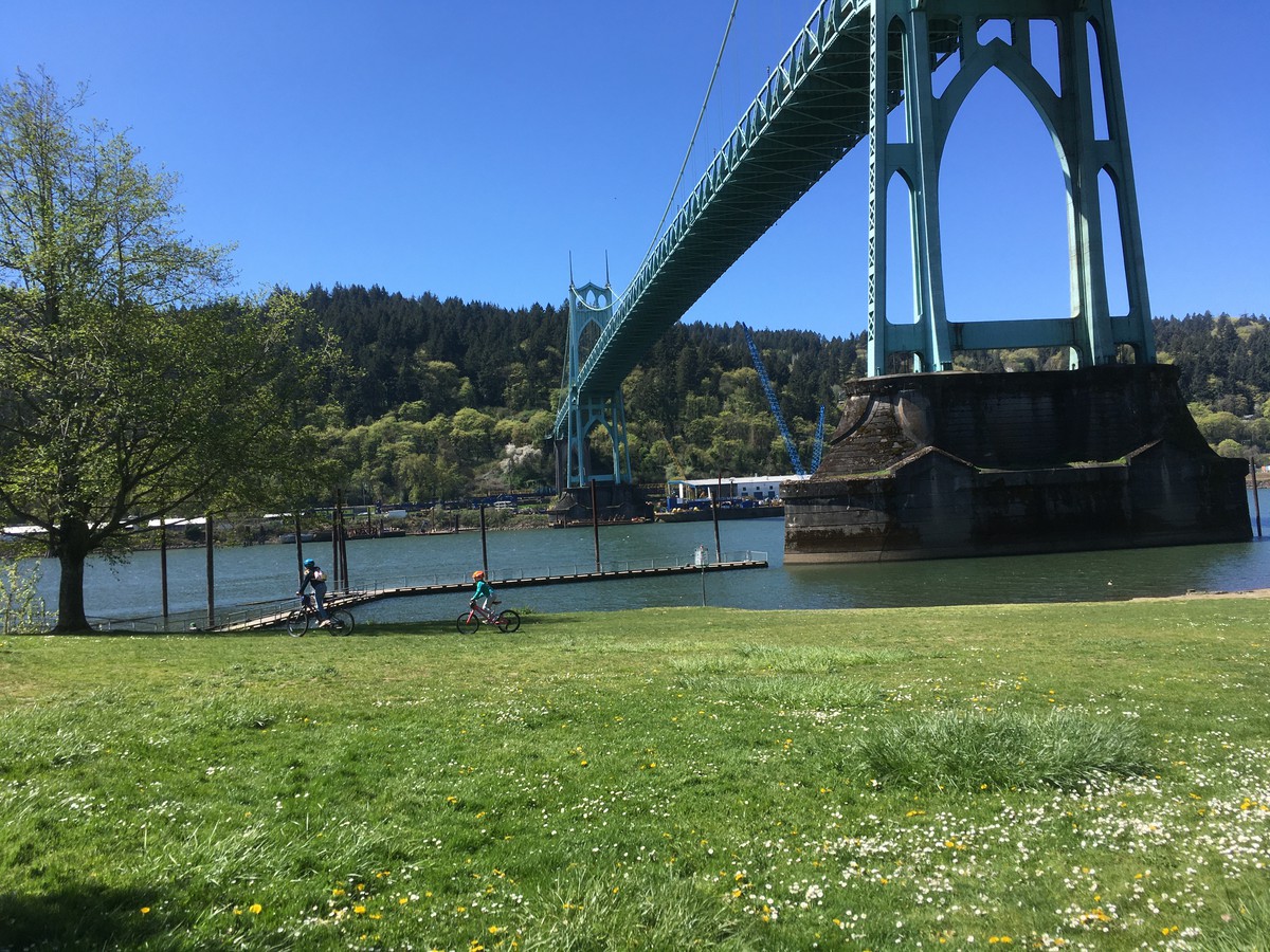Landscape of Cathedral park from the underside of the St. Johns bridge, looking south/west toward Forest Park. In the midground two children ride bicycles across a broad lawn covered with English lawn daisies. Sky is clear; river is cool and green; some industry visible on the far shore