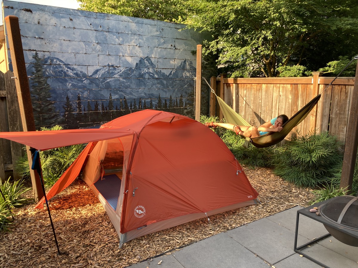 Jenny in the backyard with our new tent