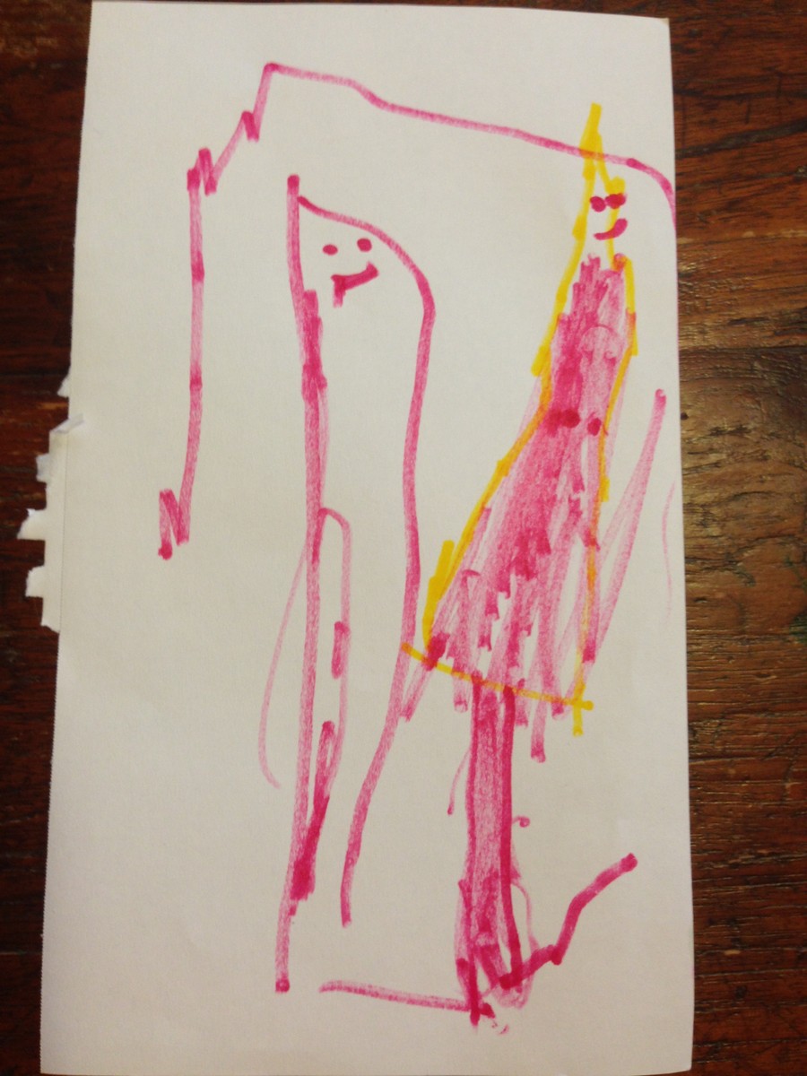 Drawing by a three-year-old in marker on paper. Two smiling human figures are under a roof approximating a house. The taller figure is filled in and surrounded by a yellow halo resembling long blond hair