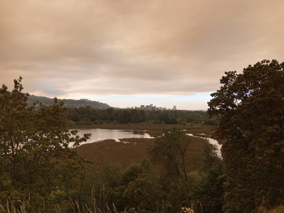 Landscape taken from the top of a bluff across a swampy lake (Oaks Bottom), with the skyline of downtown Portland on the horizon. The air at eye level is crystal clear but overhead at high altitude an unnatural orange cloud of wildfire smoke drifts north toward downtown. The light is orange and eerie.