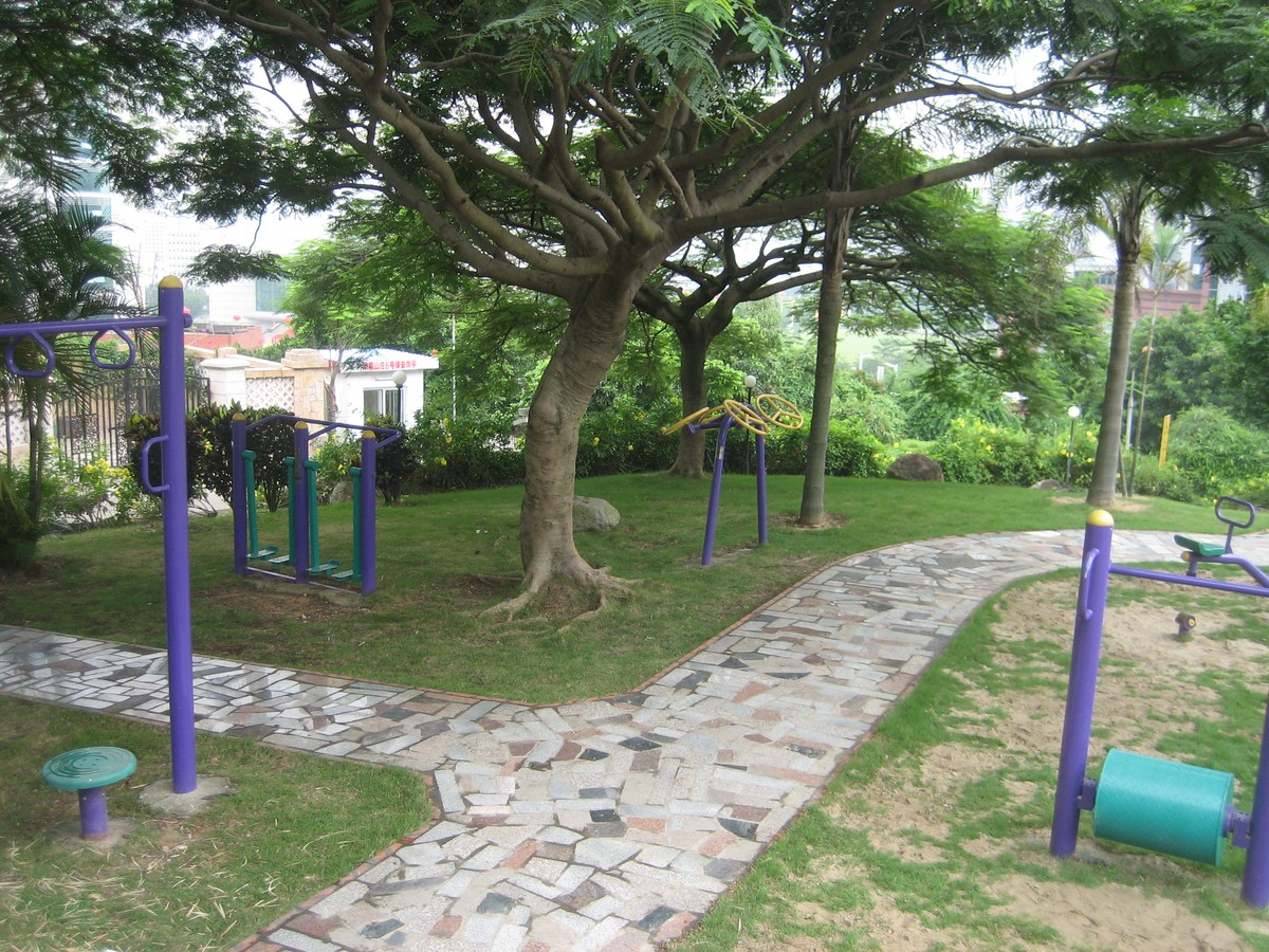 Small exercise park in a subtropical neighborhood. There are several devices that appear like colorful playground equipment but are actually exercise devices