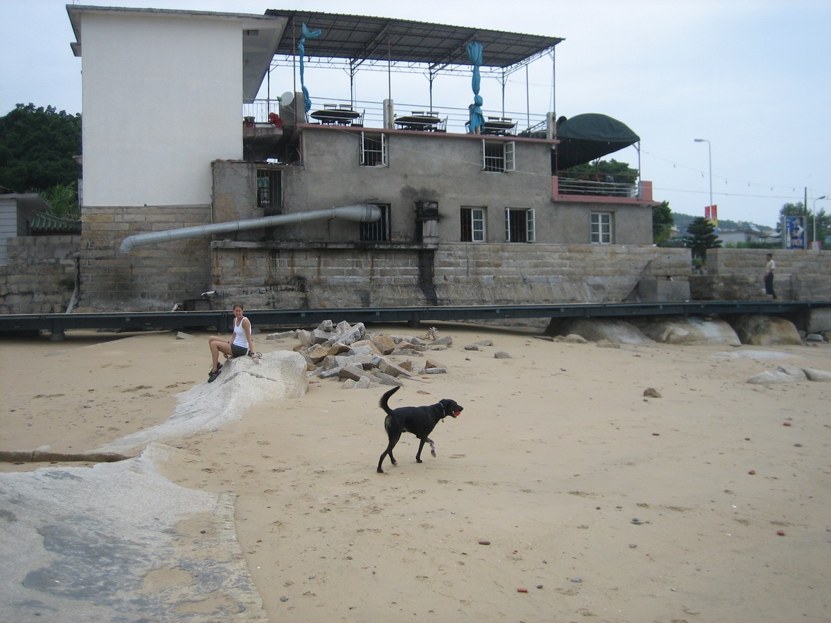 A woman seated on an eroded concrete or stone foundation on a subtropical beach. In the near foreground a large dog with a toy runs to the right. In the background, a half-disused hotel in some disrepair.