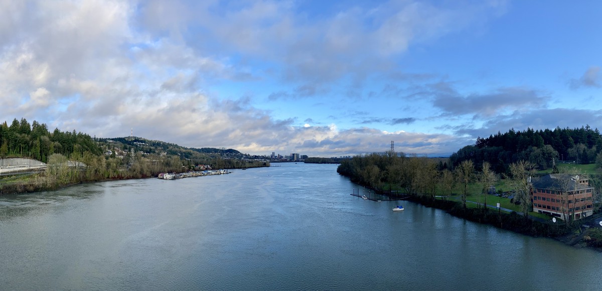 Willamette river looking north from the Sellwood Bridge, early summer morning