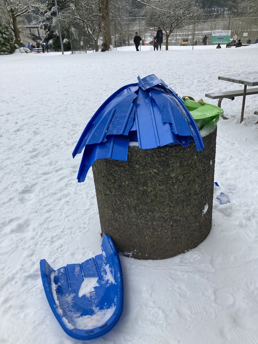 Broken sleds at Sellwood Park