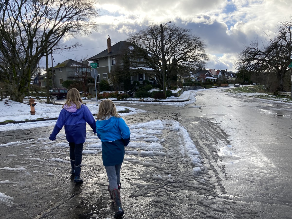 Walking along Sellwood blvd in the slush, late Tuesday afternoon