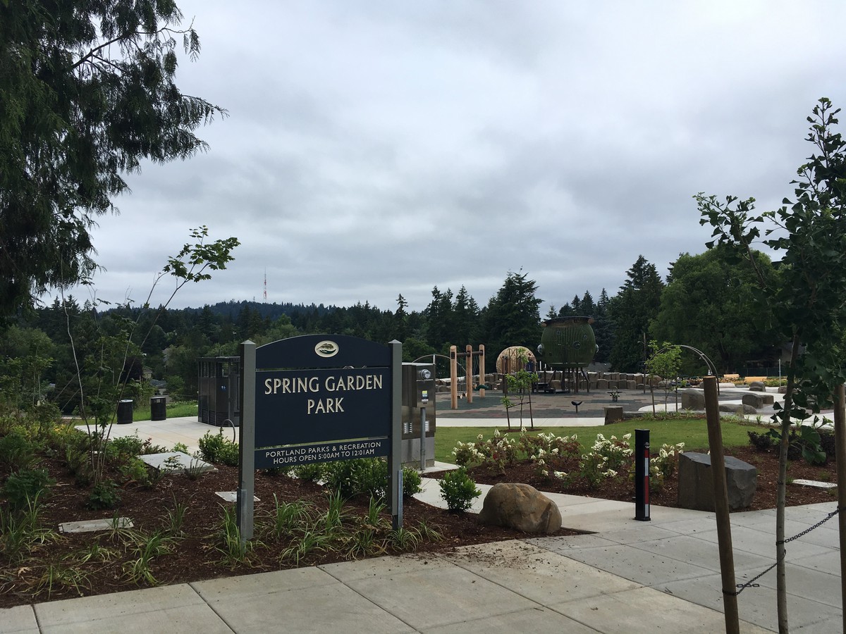 Entry to the brand-new playground of Spring Garden Park, with an official sign