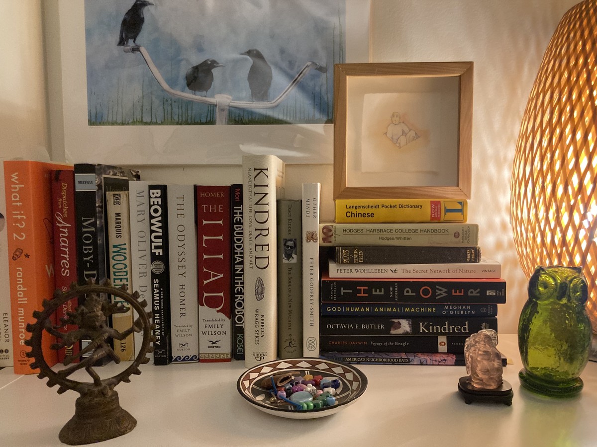 Several stacks of books and knickknacks on top of a shelf