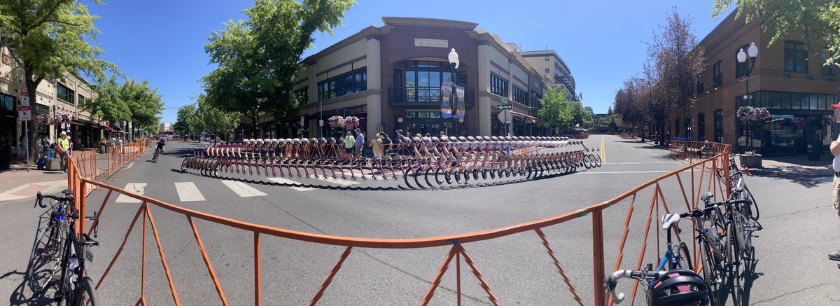 Motion pano of a racer rounding Corner 3 at the 2025 Bend Crit