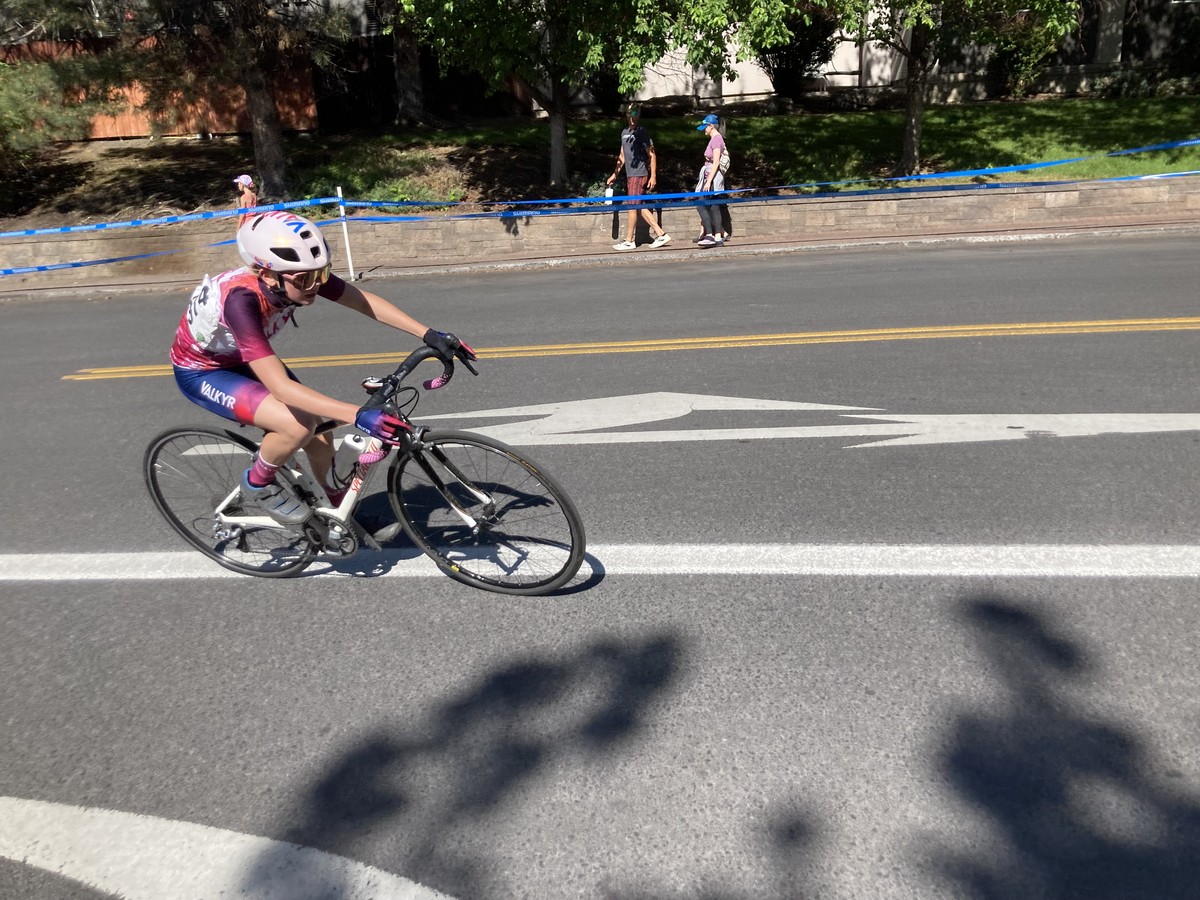 Ada skillfully rounding Corner 5 at the 2025 Bend Crit