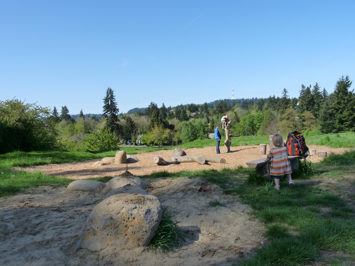 Orion, Iris, and Jenny on the “nature playground” formerly at the south end of the park