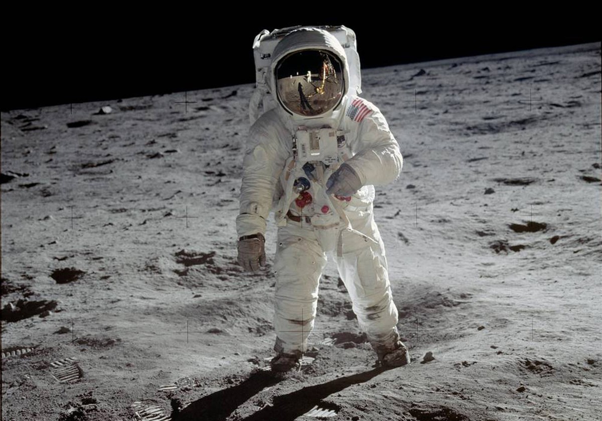 Historic photo taken on the moon of Buzz aldrin in a space suit