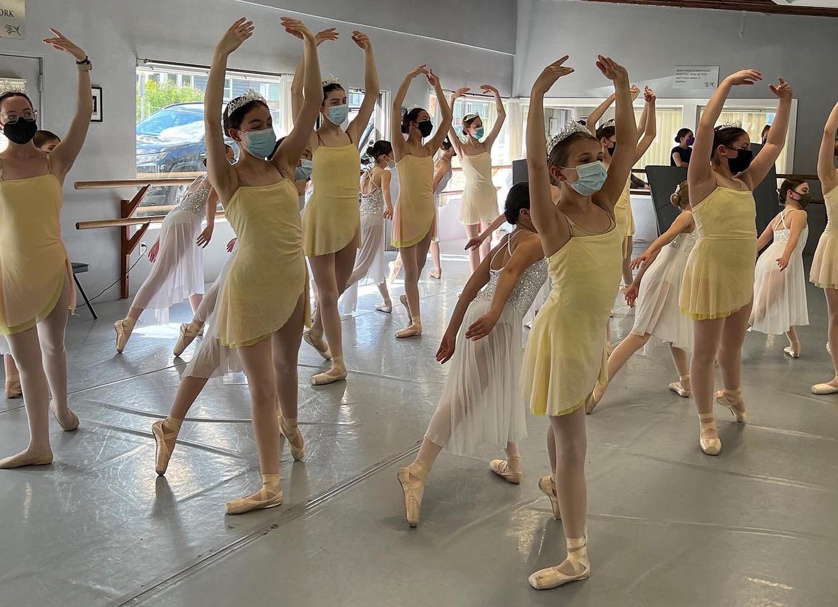Young ballet dancers practicing in studio, wearing N95 masks & tutus