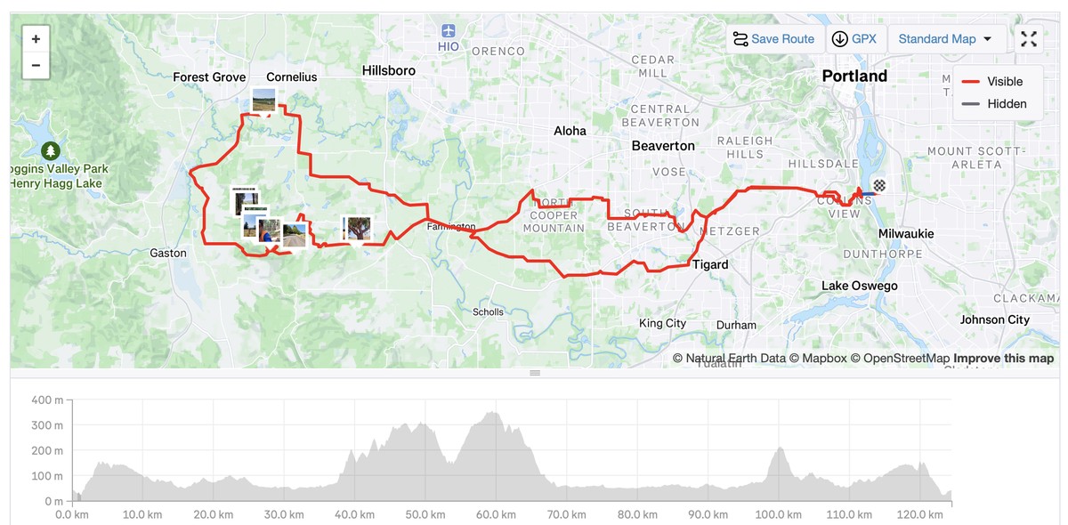 Strava map of the ride to Chehalem Ridge