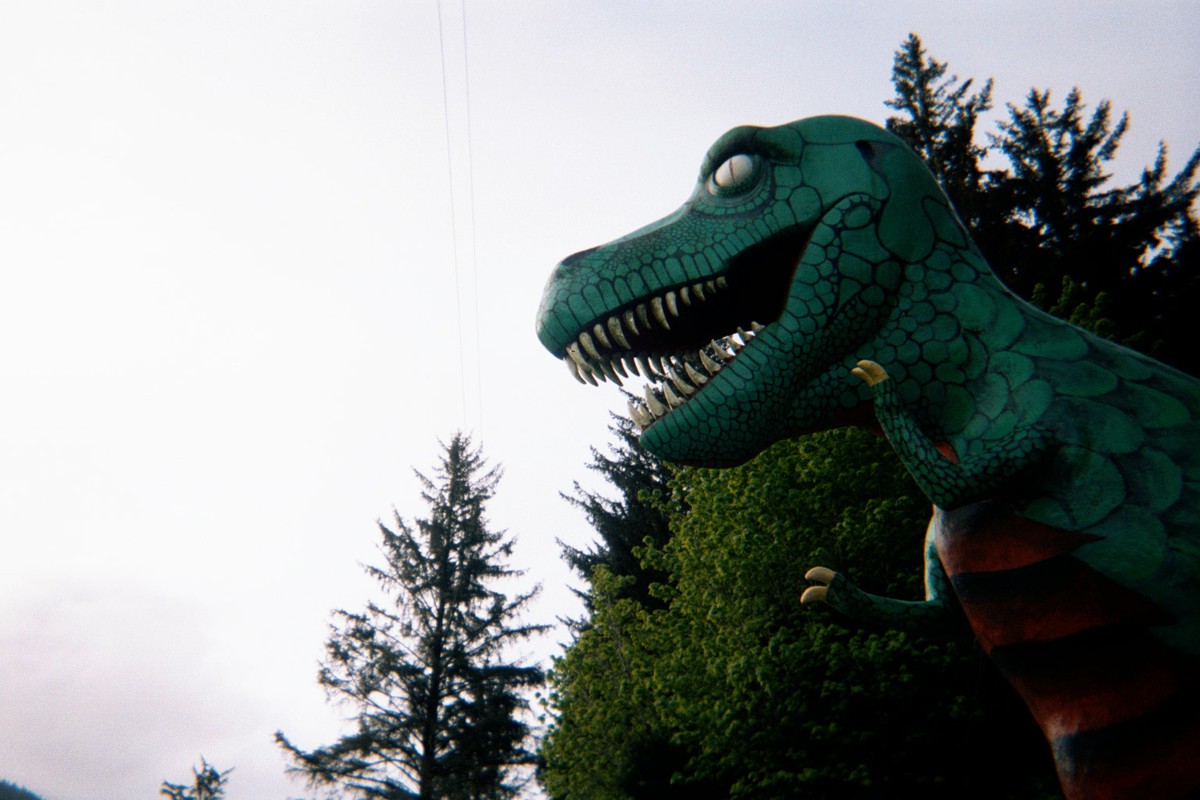 Life-size but somewhat cartoonish sculpture of a Tyrannosaurus Rex, shot from below, outdoors