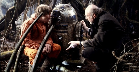 Mark Hamill, Irvin Kershner, and Kenny Baker (in costume as R2D2), on the Dagobah set