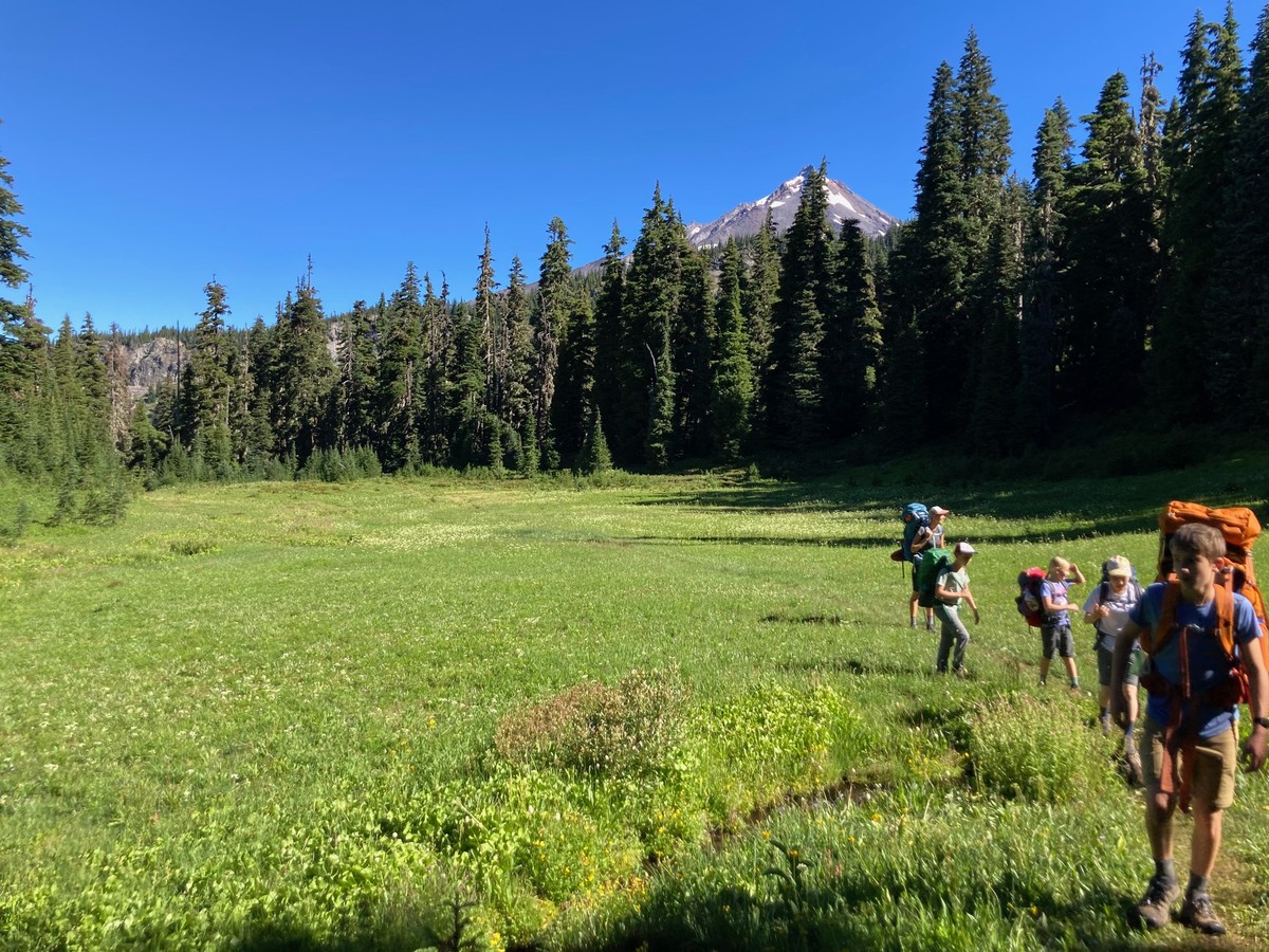 A group of backpackers crossing a broad alpine meadow ringed with tall firs; Mt. Jefferson in the background