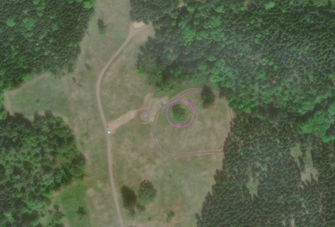 Aerial photo of Iowa Hill, 2023. The Iowa Hill Oak is distinct in the center of a large meadow, with a path looping around it. A circular stone feature and other improvements like horse tie-offs and bike racks are visible nearby