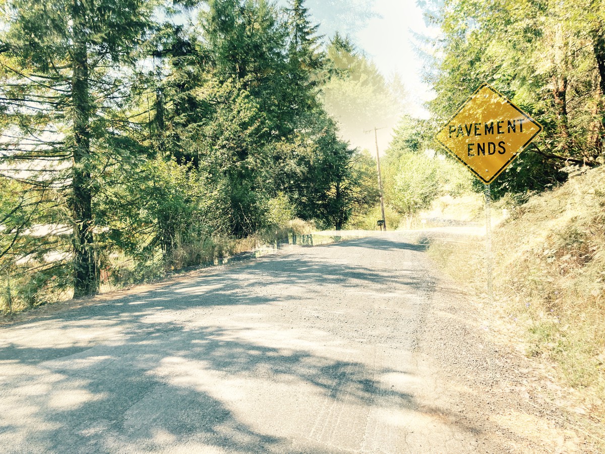 Composite photo resembling an old-fashioned double exposure, of a road sign reading “PAVEMENT ENDS” superimposed over a gravel road leading into light woods