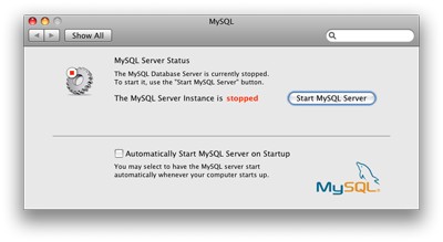 Screenshot from an OSX preference pane for MySQL, with a single button reading “Start MySQL Server,” and a single checkbox reading “Automatically Start MySQL Server on Startup”