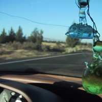 Closeup of two plastic alien toys hanging from a rearview mirror; out of focus in the background is the scrubland of eastern Oregon