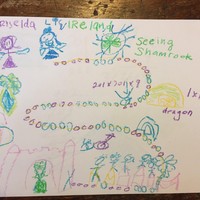 Child’s crayon drawing of a collaborative game, with many events labeled, in purple, aqua blue, and several shades of green