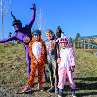 Deschutes brewery Halloween race 2017: me as a purple people eater, Iris as a tiger, Orion as an exposed-organs-thing, Ada as a bunny
