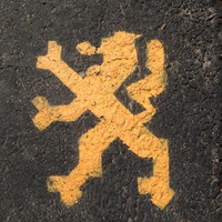 Closeup of a yellow “Lion of Flanders” stencil spray-painted onto road asphalt