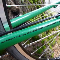 Closeup of chainstays on a brand new bicycle. Decal reads: “Handcrafted in Waterford Wisconsin/USA 🇺🇸”
