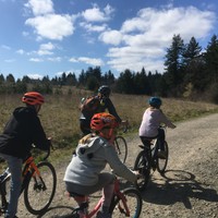 Womand and three kids on bicycle riding up a gravel road through a meadow into a stand of fir trees