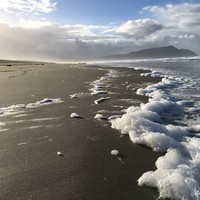 Low perspective shot of seafoam on a beach