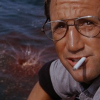 Still from JAWS (1976) where Chief Brody is chumming behind the boat just before the shark appears, for the first time revealing its true size