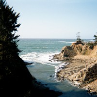 Small rocky cove on the Pacific coast, with fir trees on either side