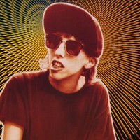 Cover photo-illustration from SLACKER (1991) with Pap Smear Pusher in red duotone & psychedelic rays shooting out her head