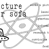 Screenshot of a personal website from 1996 called “PUNCTURE YOUR SOFA.” Watermark is stylized atom. Hand drawn alien in a spaceship cartoon. Distressed typewriter font. The website sections are “words & pictures / launchpad / cybertourist / information / research tools / curriculum vita / feedback”