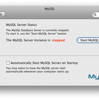 Screenshot from an OSX preference pane for MySQL, with a single button reading “Start MySQL Server,” and a single checkbox reading “Automatically Start MySQL Server on Startup”